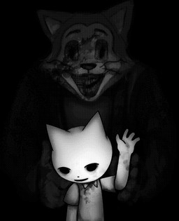4_fingers ambiguous_gender behind_another black_eyes black_nose clothed clothing duo eyebrows fingers horror_(theme) looking_at_viewer male open_mouth pupils shirt standing standing_behind teeth topwear whiskers white_body flayfright felid feline mammal monster 2024 digital_media_(artwork) greyscale hi_res monochrome