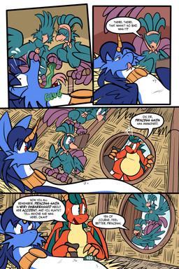 2_horns 4_panel_comic ambiguous_gender anthro bag beak belly biped black_text blue_hair blue_wings bodily_fluids claws closed_smile day dialogue door exclamation_point eyebrows eyelashes eyes_closed fangs feathered_wings feathers feet feral finger_claws forked_tongue green_body green_eyes green_text group hair haybale holding_bag horn looking_at_another lying motion_lines mouth_closed on_back open_mouth page_number pink_eyes question_mark red_eyes scales sharp_teeth smile sound_effects speech_bubble standing sweat sweatdrop talking_to_another talons teeth text toes tongue tongue_out toony translucent translucent_hair white_sclera wings virmir mythology renbrand saida avian couatl dragon feathered_scalie feathered_snake mythological_creature mythological_scalie reptile scalie snake 2025 2:3 absurd_res comic english_text hi_res female_(lore) male_(lore)