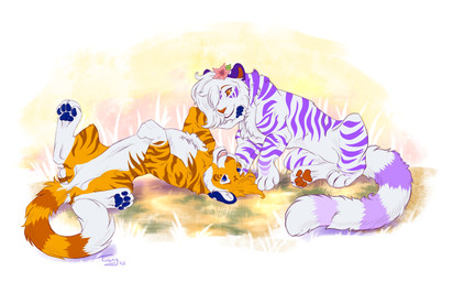 blue_eyes duo eye_contact featureless_crotch female feral flower fluffy fluffy_ears fluffy_tail fur hair hair_over_eye looking_at_another lying male male/female on_back on_grass on_ground one_eye_obstructed open_mouth orange_body orange_fur pawpads paws plant purple_body purple_fur purple_stripes rolling smile spread_legs spreading stripes tail tuft white_body white_fur yellow_eyes tassy_(artist) felid mammal pantherine siberian_tiger tiger hi_res