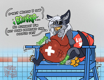 abdominal_bulge anthro breasts burping chair claws cleavage clothed clothing dialogue digestion digestion_noises eyewear fangs female fur furniture hair hand_on_belly inner_ear_fluff lifeguard lifeguard_chair lifeguard_swimsuit on_chair open_mouth paws sitting sitting_on_chair soft_vore solo sound_effects speech_bubble sunglasses tail teeth text tongue tuft vore awoogasm ashe_(awoogasm) hybrid 2021 signature