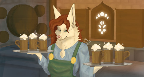 alcohol anthro apron bar barrel beer beverage big_ears blue_clothing blue_dress clothing container cup decoration dress fur green_apron green_clothing green_eyes hair heart_eyes heart_symbol long_hair male pink_nose solo spotted_nose tan_body tan_fur tavern window furrymammy sariel_kitsune canid canine fox mammal absurd_res hi_res