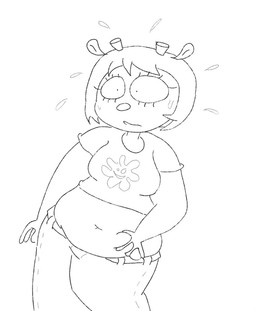 anthro belly big_belly big_breasts bodily_fluids bottomwear breasts clothed clothing female hair hand_on_belly navel overweight overweight_anthro overweight_female pants shirt simple_background solo sweat topwear rumcoat parappa_the_rapper sony_corporation sony_interactive_entertainment um_jammer_lammy lammy_lamb bovid caprine mammal sheep digital_media_(artwork) monochrome