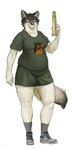 anthro clothed clothing female footwear fully_clothed fur green_clothing holding_object looking_at_viewer shell_(projectile) shell_casing shoes simple_background slightly_chubby slightly_chubby_anthro slightly_chubby_female smile socks solo standing tail white_background white_body white_fur cettus ulla_nystrom canid canine canis mammal wolf hi_res