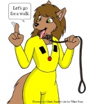 anthro breasts derp_eyes dialogue female green_eyes leash open_mouth simple_background small_breasts solo tail text tongue white_background white_pony freefall_(webcomic) florence_ambrose bowman's_wolf canid canine canis mammal red_wolf wolf english_text