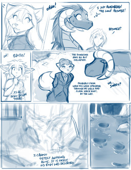 anthro apology bodily_fluids clothing destruction dialogue ears_flat ears_up eyewear female feral footprint glasses group horn inside male markings pawprint pawprint_(marking) suit sweat tail text wide_eyed conditional_dnp tom_fischbach mythology twokinds database_error_(twokinds) madam_reni_(twokinds) madelyn_adelaide raine_silverlock roselyn_(twokinds) basitin canid canine canis dragon human keidran mammal mythological_creature mythological_scalie scalie wolf 2025 blue_and_white comic english_text monochrome sketch