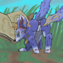 ass_up blue_eyes book buttplug countershading female feral fur genitals plug_(sex_toy) purple_body purple_fur raised_tail sex_toy solo tail vulva unknown_artist league_of_legends riot_games tencent yuumi_(lol) felid feline mammal 1:1 hi_res