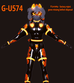a-pose alternate_form anthro balls black_sclera ear_clip floppy_ears genitals glans glowing glowing_eyes grey_hair hair horn latex latex_body male orange_eyes orange_glans orange_horn penis solo text conditional_dnp gusta gusta_(gusta) bovid caprine goat latex_hybrid mammal english_text hi_res