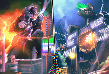 aircraft airship anthro bottomwear building city clothing destruction duo electric_guitar fire fur guitar jacket macro male musical_instrument pants plucked_string_instrument skyscraper string_instrument topwear vehicle mrjimmydafloof canid canine canis mammal wolf 2021 hi_res