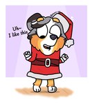 anthro christmas_clothing christmas_headwear clothing costume female hat headgear headwear holidays santa_costume santa_hat simple_background solo white_paws zankandreas bluey_(series) christmas strip_meme calypso_(bluey) canid canine canis domestic_dog mammal pastoral_dog hi_res