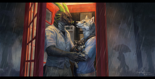 anthro black_bars clothed clothing collar duo_focus eye_contact feral fur green_eyes green_horn group head_spikes holding_animal horn looking_at_another male orange_eyes phone_booth pointy_ears prick_ears raining romantic romantic_couple spikes spikes_(anatomy) standing trio wolnir mythology canid canine canis domestic_dog dragon furred_dragon furred_scalie hybrid mammal mythological_creature mythological_scalie scalie wolf 2026 digital_media_(artwork) hi_res letterbox signature