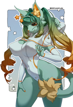 4_arms antennae_(anatomy) anthro bangs big_breasts biped breasts brown_eyes cheek_tuft closed_smile clothed clothed_anthro clothed_female clothing colored_nails curvy_figure facial_tuft female female_anthro fingernails fur glistening glistening_eyes glitter gradient_background gradient_hair green_hair hair hand_on_leg hand_on_thigh highleg highleg_leotard hood hourglass_figure inner_ear_fluff leotard long_hair looking_at_viewer makeup mouth_closed multi_arm multi_limb nails navel_outline orange_fingernails orange_hair orange_inner_ear orange_inner_ear_fluff orange_nails raised_arms simple_background small_waist smile solo standing tail tail_tuft teal_body teal_fur text thick_thighs three-quarter_view tuft twintails_(hairstyle) two_tone_tail white_clothing white_leotard wide_hips zeminachan zeep_(zeminachan) alien felid feline mammal 2026 absurd_res artist_name digital_drawing_(artwork) digital_media_(artwork) hi_res portrait signature three-quarter_portrait