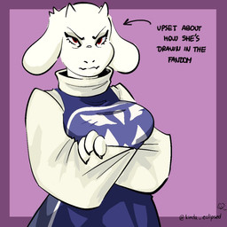 2_horns anthro big_breasts black_eyebrows black_text border breasts claws closed_frown clothed clothed_anthro clothed_female clothing crossed_arms directional_arrow eyebrows eyelashes female finger_claws fingers floppy_ears frown fur fur_tuft head_tuft horn iris light_body light_fur long_eyelashes lop_ears mature_anthro mature_female monotone_body monotone_fur mouth_closed multicolored_clothing multicolored_robe outside_border print_clothing print_robe pupils purple_background purple_border red_eyes robe short_horn simple_background small_horn solo standing text three-quarter_view tuft white_body white_claws white_ears white_fur white_horn white_sclera majorlyeclipsed undertale_(series) toriel boss_monster_(undertale) bovid caprine goat mammal 1:1 2025 artist_name digital_drawing_(artwork) digital_media_(artwork) english_text