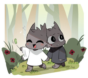 ambiguous_anthro ambiguous_gender anthro barefoot clothed clothed_ambiguous clothing eye_scar eyes_closed facial_scar feet flower fur grass grey_body grey_fur grey_tail hand_holding notched_ear open_mouth open_smile plant scar smile tail tree walking young 2_3up cult_of_the_lamb massive_monster_(studio) aym_(cult_of_the_lamb) baal_(cult_of_the_lamb) domestic_cat felid feline felis mammal 2026 digital_drawing_(artwork) digital_media_(artwork) hi_res brother_(lore) brothers_(lore) male_(lore) sibling_(lore)