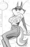 anthro big_breasts big_nipples bottomwear breasts clothed clothing eyewear female nipples pants partially_clothed sitting solo sunglasses wolfinasuit illumination_entertainment sing_(movie) porsha_crystal arctic_wolf canid canine canis mammal wolf hi_res monochrome sketch