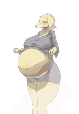 anthro belly big_belly big_breasts breasts female huge_belly huge_thighs hyper hyper_belly hyper_pregnancy pregnant pregnant_anthro pregnant_female solo thick_thighs yellow_body erty910 canid canine mammal hi_res