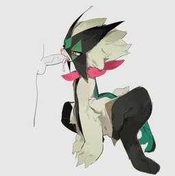 ambiguous_gender anthro balls bodily_fluids cum cum_in_mouth cum_inside duo fellatio flower_(anatomy) fur genital_fluids genitals green_body green_fur interspecies male mask oral penile penis pink_eyes pink_nose pokephilia sex tongue tongue_out tongue_out_fellatio ramssa nintendo pokemon generation_9_pokemon human mammal meowscarada pokemon_(species) 2026 hi_res
