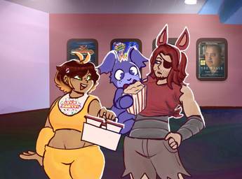 5_fingers anthro arm_warmers armwear bent_arm bottomwear breasts brown_hair carrying_another ceiling ceiling_lamp closed_smile clothed clothed_female clothed_human clothed_male clothing container cosplay crop_top cup ear_tuft eye_patch eyewear fake_ears female female_human fingers floppy_ears freckled_face freckled_shoulders freckles fully_clothed fully_clothed_female fully_clothed_human fully_clothed_male fur green_eyes grey_arm_warmers grey_armwear grey_bottomwear grey_clothing grey_shirt grey_shorts grey_topwear group hair hand_on_hip hand_on_own_hip highlights_(coloring) holding_popcorn inside lamp larger_female larger_human larger_male light long_ears male male_anthro male_human medium_hair midriff mouth_closed multicolored_hair navel noseless open_mouth open_smile orange_highlights pants popcorn_bucket poster_(object) purple_body purple_eyes purple_fur red_clothing red_crop_top red_hair red_shirt red_tongue red_topwear red_wall shirt shorts size_difference smaller_anthro smaller_female smaller_human smaller_male smile smiling_at_another stubble tan_body tan_skin teeth text text_on_bib thick_thighs thin_eyebrows tongue topwear torn_bottomwear torn_clothing torn_crop_top torn_shorts trio tuft two_tone_hair wall_(structure) white_bib wide_hipped_female wide_hipped_human yellow_arm_warmers yellow_armwear yellow_bottomwear yellow_clothing yellow_pants critterzone13 five_nights_at_freddy's five_nights_at_freddy's_(film) nickelodeon raving_rabbids rayman_(series) scottgames spongebob_squarepants the_spongebob_squarepants_movie the_whale_(film) ubisoft bonnie_(fnaf) brendan_fraser chica_(fnaf) fan_character foxy_(fnaf) freddy_(fnaf) lemon_(critterzone13) lennon_(critterzone13) meringue_(critterzone13) patrick_star spongebob_squarepants_(character) human lagomorph mammal rabbid 2023 colored digital_drawing_(artwork) digital_media_(artwork) english_description english_text lighting shaded