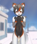 andromorph anthro blush bodily_fluids clitoris genital_fluids genitals intersex navel nude peeing pussy rooftop scar solo standing urine watersports young young_anthro caylleen ion_(ion-yggdrasil) canid canine fox mammal absurd_res hi_res