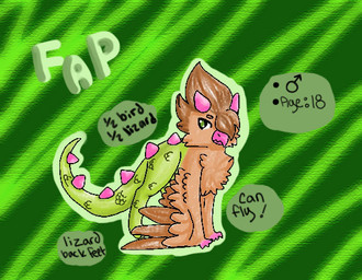 ambiguous_gender beak brown_body brown_feathers brown_fur brown_hair brown_wings claws feathered_wings feathers feral fur green_body green_eyes green_scales green_tail hair horn pink_beak pink_claws pink_horn pink_spikes quadruped scales solo stated_age tail text wings tuxiiedos fap_(tuxiiedos) avian bird chimera hybrid lizard reptile scalie character_name english_text model_sheet male_(lore)