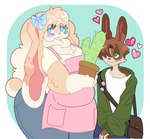 accessory anthro apron bag big_ears blush bow_ribbon cactus chest_tuft clothed clothing dewlap_(anatomy) duo female hair_accessory hair_bow hair_ribbon heart_symbol holding_object jacket male overweight overweight_anthro overweight_female plant ribbons romantic romantic_couple size_difference smile standing topwear tuft arcadebunni cinna_(arcadebunni) loop_(arcadebunni) lagomorph leporid mammal rabbit hi_res