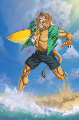 anthro beach biped male muscular muscular_anthro muscular_male muscular_thighs sea solo surfboard water dandelionlum epic_games fortnite kingston_(fortnite) felid lion mammal pantherine 2025 absurd_res colored hi_res signature