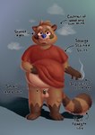 absurd_res anthro balls belly big_belly black_chastity_cage brown_body chastity_cage chastity_device clothed clothing clothing_lift cum_stain digital_media_(artwork) drugs english_text fur genitals hi_res lock looking_at_viewer male mammal marijuana musk overweight overweight_anthro overweight_male padlock penis procyonid raccoon shirt shirt_lift siblu sibluself simple_background small_penis smoke smoking solo tail text topwear