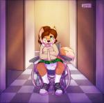 anthro biped brown_body brown_fur brown_hair clean_diaper clothed clothing diaper doors eyewear female floor footwear fur glasses green_eyes hair legwear looking_at_viewer one_eye_closed restraints shoes socks solo straitjacket teeth tile tile_floor tongue tongue_out vehicle wearing_diaper wheelchair white_diaper wink applepup jenny_(powhatan) canid canine fox mammal 2016 hi_res watermark