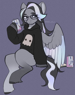 anthro biped clothed clothed_anthro clothed_female clothing eyewear feathers female front_view fur glasses hair hooves simple_background sitting solo tail wings lentilghost mythology equid equine mammal mythological_creature mythological_equine pegasus 2026 digital_drawing_(artwork) digital_media_(artwork) hi_res