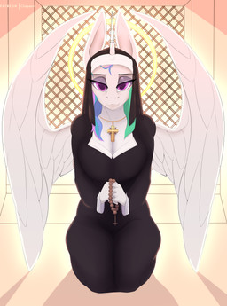anthro beads breasts clothing cross cross_necklace feathers female hair horn jewelry looking_at_viewer necklace nun nun_habit nun_outfit prayer_beads religious_clothing rosary solo wings chapaevv friendship_is_magic hasbro my_little_pony mythology patreon princess_celestia_(mlp) equid equine mammal mythological_creature mythological_equine winged_unicorn absurd_res digital_media_(artwork) hi_res