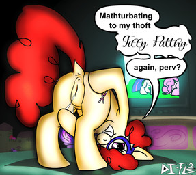 bed electronics female feral furniture genitals looking_at_viewer on_bed presenting solo television vulva young di-fl friendship_is_magic hasbro my_little_pony pinkie_pie_(mlp) twilight_sparkle_(mlp) twist_(mlp) earth_pony equid equine horse mammal pony film_grain hi_res