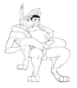 anal anal_penetration anthro armpit_hair balls body_hair chest_hair duo ear_piercing erection foreskin genitals humanoid_genitalia humanoid_penis interspecies long_ears male male/male male_penetrated male_penetrating male_penetrating_male nude overweight penetration penis piercing pubes sex skinny jormungand_(artist) brad_(jormungand) mattie_(jormungand) hare lagomorph leporid mammal rabbit hi_res line_art monochrome