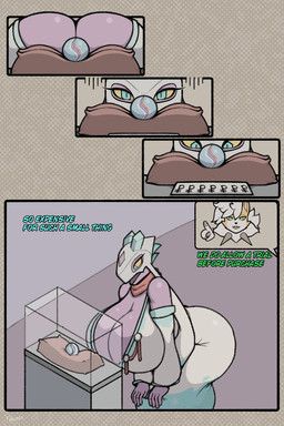 2_horns ambiguous_gender anthro bent_over big_breasts blue_eyes breasts cleavage clothed clothing color_coded_text dialogue dress duo female froslassite fur green_eyes hair horn huge_breasts ice looking_at_viewer mega_stone open_mouth purple_body simple_background text thick_thighs white_body white_fur yellow_body yellow_fur yellow_sclera freepancakes nintendo pokemon hedi_(echovalia) silvio_(echovalia) canid canine dusk_lycanroc froslass generation_4_pokemon generation_7_pokemon lycanroc mammal pokemon_(species) 2:3 absurd_res comic digital_media_(artwork) english_text hi_res