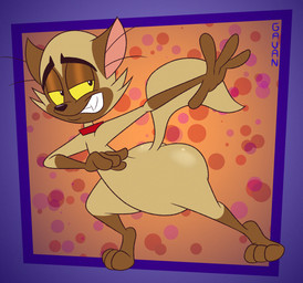 3_toes 4_fingers abstract_background anthro arched_back bedroom_eyes big_butt biped black_eyebrows black_eyes black_nose brown_body brown_ears brown_face brown_feet brown_fur brown_hands butt butt_pose cheek_tuft clenched_teeth collar collar_only curling_tail dipstick_tail dotted_background eyebrows facial_tuft fangs feet fingers fluffy fluffy_tail fur glance glistening glistening_butt gloves_(marking) grin grinning_at_viewer half-closed_eyes head_tuft humanoid_hands humanoid_heel leg_markings lines_drawn looking_at_viewer male markings multicolored_body multicolored_fur narrowed_eyes nude open_mouth open_smile pattern_background paws pear-shaped_figure pink_inner_ear plantigrade polka_dots pose raised_heel raised_tail red_collar seductive sharp_teeth simple_background slightly_chubby slightly_chubby_anthro slightly_chubby_male smile smiling_at_viewer smirk smirking_at_viewer smug smug_expression smug_eyes smug_face smug_grin socks_(marking) solo standing standing_on_toes tail tail_markings tan_body tan_fur teeth tiptoes toes toony toothy_grin tuft two_tone_body two_tone_fur whiskers wide_hipped_anthro wide_hipped_male wide_hips yellow_sclera gavanzude bunnicula_(series) chester_(bunnicula) domestic_cat felid feline felis mammal siamese_cat 2026 alternate_version_at_paywall colored digital_drawing_(artwork) digital_media_(artwork) flat_colors hi_res pinup signature
