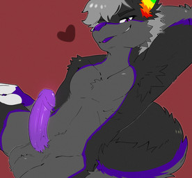 anthro balls big_balls big_penis big_tail blep erection genitals grey_body grey_hair hair hand_behind_head heart_symbol highlights_(coloring) humanoid_genitalia humanoid_penis looking_at_viewer male multicolored_ears penis presenting purple_eyes purple_highlights purple_nose purple_penis purple_tongue rainbow_ears simple_background smile solo tail tongue tongue_out white_fingers lobo_nsfw fruit_(fruit-wolf) canid canine canis mammal wolf