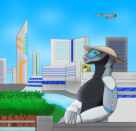 anthro billboard building city city_background clothing female futuristic_architecture hat headgear headwear looking_aside machine plant railing ship side_view sky skyscraper solo synthetic text tree urban vehicle watercraft window spaceg3n art_fight artfight2025 robot synth_(vader-san) 2025 absurd_res english_text hi_res signature