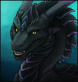 ambiguous_gender black_body black_border black_scales black_sclera border feral grey_horn horn looking_at_viewer open_mouth pupils purple_body scales simple_background slit_pupils solo teeth unsigned yellow_eyes acidic mythology dragon mythological_creature mythological_scalie scalie bust_portrait hi_res portrait