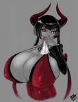 big_breasts black_hair blood bodily_fluids breasts clothed clothing female grey_background hair happy horn huge_breasts long_hair looking_at_viewer makeup not_furry ponytail red_eyes simple_background smile solo tattoo randomboobguy tekken eliza_(tekken) demon humanoid vampire