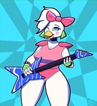 accessory anthro anthrofied beak big_breasts blue_eyes breasts cleavage clothed clothing ear_piercing ear_ring electric_guitar feathers female guitar hair_accessory hair_ribbon leotard looking_at_viewer machine musical_instrument non-mammal_breasts one_eye_closed piercing pink_clothing pink_leotard plucked_string_instrument ribbons ring_piercing smile solo string_instrument white_body wink kooriki five_nights_at_freddy's five_nights_at_freddy's:_security_breach scottgames steel_wool_studios glamrock_chica animatronic avian bird chicken galliform gallus_(genus) phasianid robot 2021 absurd_res chromatic_aberration hi_res