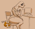 1_eye 3_arms anthro big_butt bottomless breasts butt chair chest_arm clothed clothing computer desk electronics eyelashes fart fart_cloud female furniture hand_on_knee hand_on_leg looking_back markings monitor multi_arm multi_limb shirt shirt_pocket simple_background sitting small_breasts solo sound_effects table tan_background topwear work_shirt jubb half-life half-life_2 valve alien vortigaunt 2021 signature