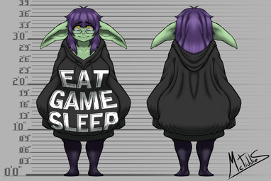 breasts clothed clothing eyewear female glasses hair hoodie legwear long_hair not_furry purple_hair rectangular_glasses shortstack solo teeth_showing text thigh_highs topwear yellow_eyes mctiddies mauschen goblin humanoid english_text hi_res model_sheet