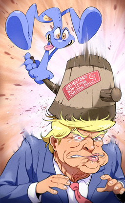 anthro blue_body blue_skin cartoon_violence comically_large_object genitals hammer hitting_another hitting_head oversized_mallet political_cartoon politics text tools unusual_anatomy unusual_genitalia_placement unusual_vulva_placement vulva matts_beans republican_party_(usa) beans_(mattsbeans) donald_trump amphibian frog human mammal adversarial_noise english_text hi_res