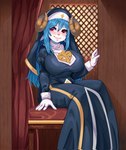 anthro big_breasts blue_hair breasts clothing confession_booth dress female gloves hair handwear kemono looking_aside nun nun_habit nun_outfit pink_nose religious_clothing sitting smile solo text tight_clothing white_clothing white_gloves white_handwear ichig8miruku_(artist) celestine_(soulblader) bovid caprine mammal sheep 2023 digital_media_(artwork) english_text hi_res