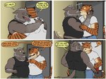 age_difference anthro anthro_on_anthro beard butt butt_grab clothed clothing countershading dialogue duo eyebrow_piercing facial_hair facial_piercing fully_clothed fur grey_body grey_fur hand_on_butt hug interspecies kissing male male/male mature_male musclegut muscular muscular_male older_male open_mouth orange_body orange_fur piercing shirt speech_bubble tail tail_motion tailwag tank_top text topwear younger_male nanoff boomer_(nanoff) miles_(nanoff) canid canine canis felid mammal pantherine tiger wolf comic english_text hi_res