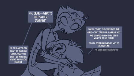 anthro blue_background bodily_fluids clothing comfort comforting crying dialogue duo eyes_closed female hair hug kneeling long_hair looking_down male pajamas short_hair simple_background speech_bubble star tears text white_text worried worried_face worried_look young young_anthro teathekook hellaverse helluva_boss octavia_(helluva_boss) stolas_(helluva_boss) avian bird owl owl_demon daughter_(lore) father_(lore) father_and_child_(lore) father_and_daughter_(lore) parent_(lore) parent_and_child_(lore) parent_and_daughter_(lore)
