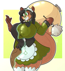 anthro anthro_to_inanimate apron big_breasts black_hair breasts brown_body brown_fur cleaning_tool clothing feather_duster female fur hair holding_cleaning_tool holding_feather_duster holding_object huge_breasts inanimate_transformation inflatable maid_headdress nozzle_on_belly nozzle_on_tail permanent_smile seam_(sewing) simple_background smile solo tail transformation white_apron white_clothing 2b-labs animate_inanimate canid canine living_inflatable mammal raccoon_dog tanuki 2025 digital_media_(artwork) hi_res