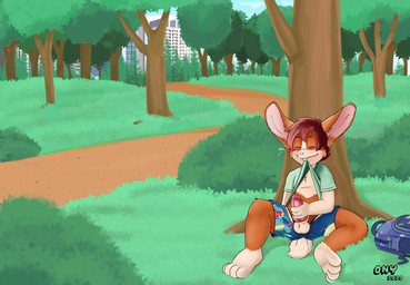 anthro backpack balls bottomwear clothed clothing clothing_lift detailed_background genitals knot male masturbation mouth_hold outside penile penile_masturbation penis plant shirt shirt_lift shorts solo topwear tree young young_anthro young_male onykr nintendo pokemon lagomorph leporid mammal rabbit 2020 hi_res