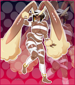 anthro armor bdsm big_breasts black_eyes bondage border bound breasts butt clothing corset dress female gloves hair handwear huge_breasts lingerie long_hair pink_eyes red_border solo topwear revkoen nintendo pokemon generation_4_pokemon lopunny mummy pokemon_(species) undead absurd_res hi_res