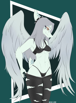 anthro biped black_bottomwear black_bra black_clothing black_panties black_pants black_underwear bone bone_frill bottomwear bra breasts claws clothing collar elbow_feathers feathered_wings feathers female finger_claws fingers frill_(anatomy) front_view green_background grey_body grey_feathers grey_hair hair half-closed_eyes head_turned humanoid_hands jewelry long_hair looking_aside markings medium_breasts narrowed_eyes necklace nipple_outline non-mammal_breasts orange_eyes panties pants short_tail simple_background skull smile solo spiked_collar spikes standing striped_markings stripes tail text torn_bottomwear torn_clothing torn_pants underwear undressing wings louiss. cavemanon_studios goodbye_volcano_high ko_op_(game_developer) snoot_game fang_(gvh) prehistoric_species pterosaur reptile scalie 2025 absurd_res artist_name colored digital_media_(artwork) hi_res portrait three-quarter_portrait