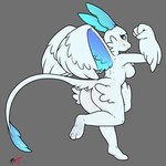 anthro blue_body blue_feathers breasts butt feathered_wings feathers featureless_breasts female fist looking_at_viewer looking_back raised_arm raised_fist raised_hand tail white_body wings mr.smile mythology palworld pocketpair dragon feathered_dragon feathered_scalie mythological_creature mythological_scalie pal_(species) quivern scalie 1:1 hi_res