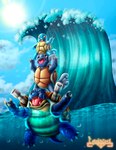 absurd_res ambiguous_gender blastoise blue_body blue_skin brown_eyes bubble claws evolutionary_family generation_1_pokemon group happy hi_res iguiacus nintendo pokemon pokemon_(species) red_eyes reptile scalie sea shell shoulder_cannon size_difference spanish_description squirtle tongue trio turtle turtle_shell underwater wartortle water wave